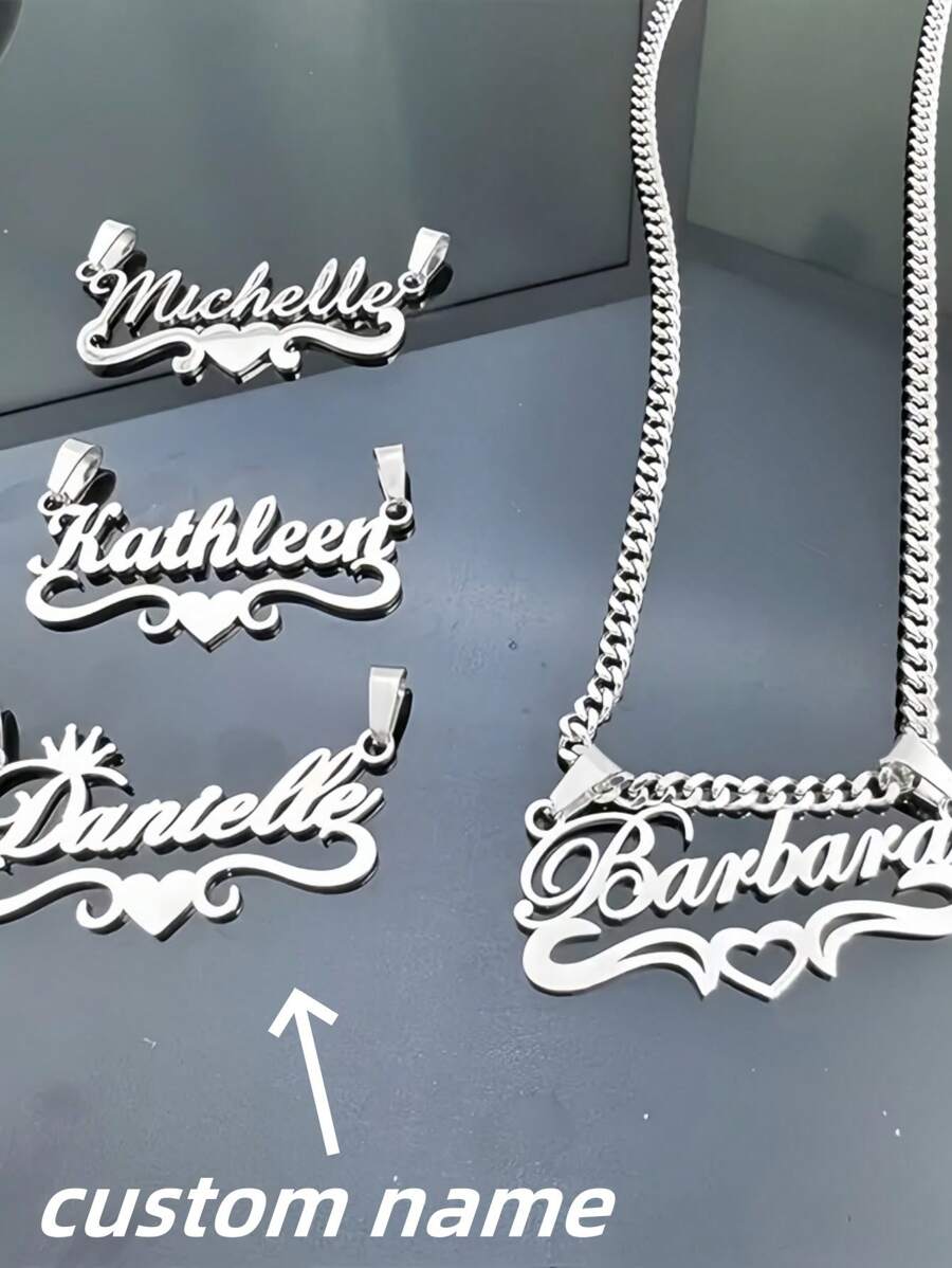 1pc Silver Rose Gold Custom Name Necklace For Men And Women, Stainless Steel Silver Plated Chain, No Mosaic, Vintage Cuban Chain, Party Style Fashion Jewelry, The Ideal Choice For Couples Thanksgiving Christmas Gift,Silver,Stylish,Colorful,Vintage,Hipster,Simple,Y2k,2000s Fashion,Custom,Personalized,Unique,Ideal Gifts For Him,Ideal Gifts For Her,Her,Boyfriend,Girlfriend,Dad,Mom,Family,Friends,For Anniversaries,For Birthdays,For Graduation,For Prom,For Party,Necklaces For Women,New Year Glamour - Multicolor - View 1