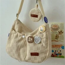 Harajuku Style College Crossbody Bag Solid Color Plaid Print Large Capacity Shoulder Bag New Cute Fashion Designer Handbag - 白色 - 查看 2