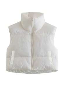 Women Winter Warm Crop Waistcoat, Sleeveless Stand Collar Double Sided Lightweight Puffer Vest
