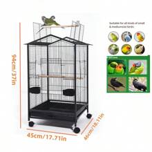 Medium/Small Metal Bird Cage With Tiger Skin Peony Design, Large Space, Feeding & Water Bowls For Pet Bird - Black - View 2