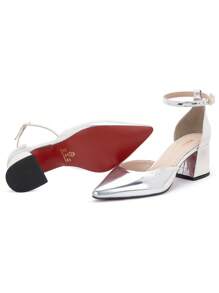 Macerata Women's Pointed Toe Pumps Buckle Ankle Strap Low Medium Heel Luxury Brand Red Sole - 銀色 - 查看 5