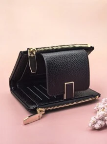 1 件女式紧凑型钱包柔软 PU 皮革纯色双折带按扣黑色简约设计轻便生日圣诞节礼物感恩节复古 - 黑色 - 查看 3