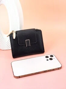 1 件女式紧凑型钱包柔软 PU 皮革纯色双折带按扣黑色简约设计轻便生日圣诞节礼物感恩节复古 - 黑色 - 查看 5