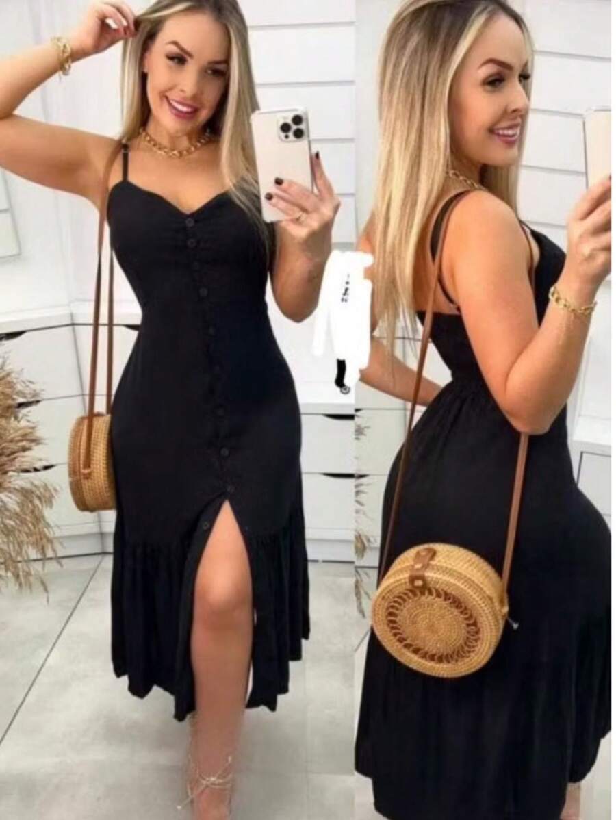 Long Crepe Dress With Padded Cups And Buttons H-1 - 黑色 - 查看 1