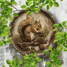 1 件迷人的复古松鼠与松果金属墙饰 - 8x8 英寸金属标牌，适用于家庭、咖啡厅或车库装饰、防水室内/室外装饰，孔位置随机，以及新年装饰和礼物 - 彩色 - 查看 3