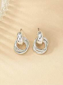 1pair Fashionable Minimalist Ins Style High-End Metal Ring Stud Earrings, Suitable For Women Daily Commute & Party Wear - Silver - View 7