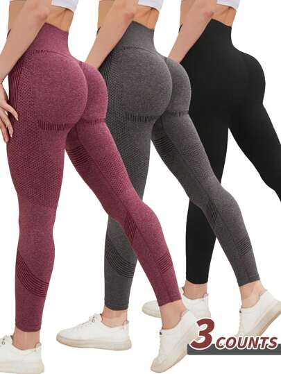 3 pièces Pantalons de yoga sans couture pour femmes pour le sport en extérieur, taille haute, haute élasticité, respirants et absorbants, fessier galbé, pantalons polyvalents de base pour le sport. Printemps/Été