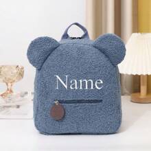 1pc Customized Embroidered Bear Day Care Travel Plush Backpack For 3-6 Years Old (Navy Blue)