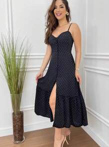 Long Crepe Dress With Padded Cups And Buttons H-1 - Black and White - View 2