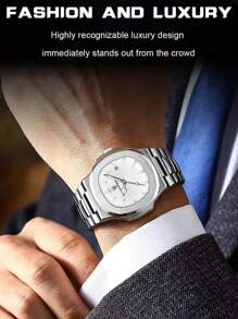 Relógio de luxo Poedagar para homens, relógio de negócios em aço inoxidável, quartzo, à prova d água, com recurso a visão noturna, display de data, mostrador quadrado, com caixa, 1 peça para presente do dia dos pais