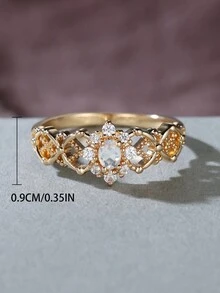 1 件创意镂空几何设计镶嵌闪亮方晶锆石铜戒指，奢华适合婚礼、派对、节日和日常佩戴，耐用配饰适合所有季节 - 金黃色 - 查看 2
