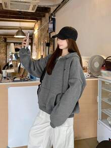 Letter Embroidery Half-Zip Long Sleeve Casual Hoodie With Pockets - Dark Grey - View 6