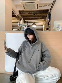 Letter Embroidery Half-Zip Long Sleeve Casual Hoodie With Pockets - Dark Grey - View 8