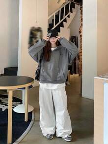 Letter Embroidery Half-Zip Long Sleeve Casual Hoodie With Pockets - Dark Grey - View 5