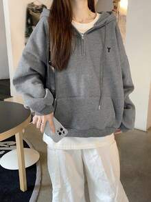 Letter Embroidery Half-Zip Long Sleeve Casual Hoodie With Pockets - Dark Grey - View 3