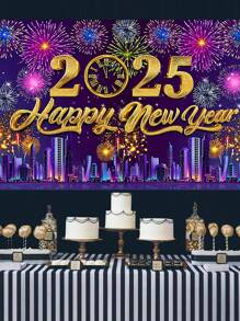 1 件 100*150 厘米 2025 年新年快乐庆祝海报横幅背景带烟花，非常适合新年照片展位墙壁背景装饰派对装饰用品家居装饰 - 彩色 - 查看 2