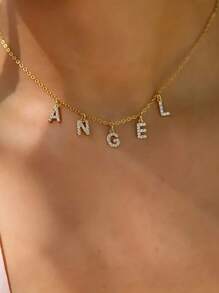1 peça colar personalizado com letras de zircônia e nome em ouro rosa, colar de aço inoxidável personalizado, estilo elegante, pingente com letras personalizadas, presente para ela, presente de dia das mães, presente de Natal para a mãe