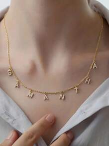 1 peça colar personalizado com letras de zircônia e nome em ouro rosa, colar de aço inoxidável personalizado, estilo elegante, pingente com letras personalizadas, presente para ela, presente de dia das mães, presente de Natal para a mãe