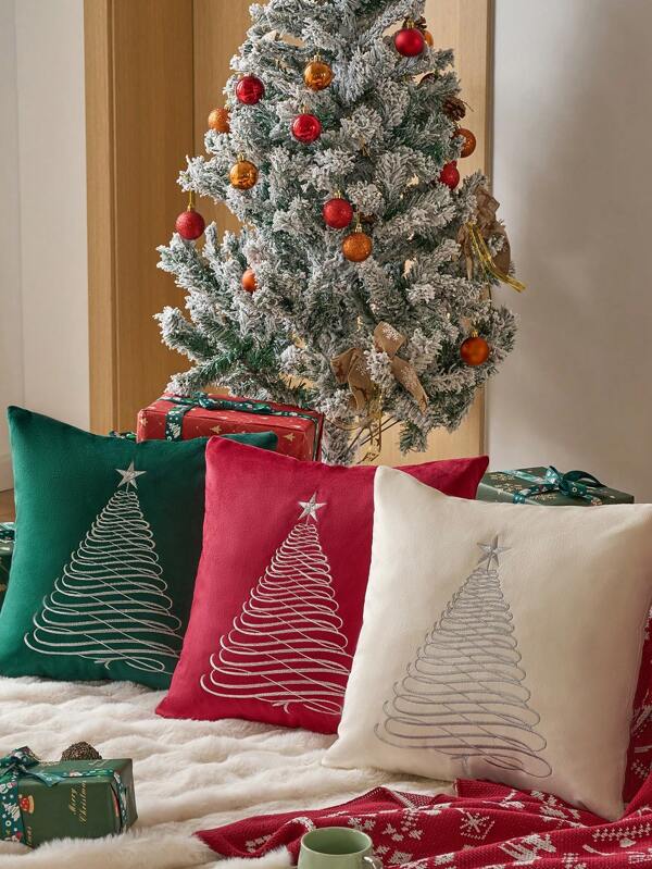 1 pieza Funda de cojín estilo árbol de Navidad, bordado en felpa, decoración navideña blanca para sala de estar, sofá, cubierta de cojín de estilo moderno, decoración de ropa de cama, decoración navideña, decoración de invierno, regalo de Navidad
