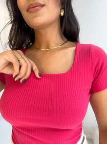Women's Ribbed Blouse Square Neck Short Sleeve Casual Everyday Blouse - 玫紅色 - 查看 1