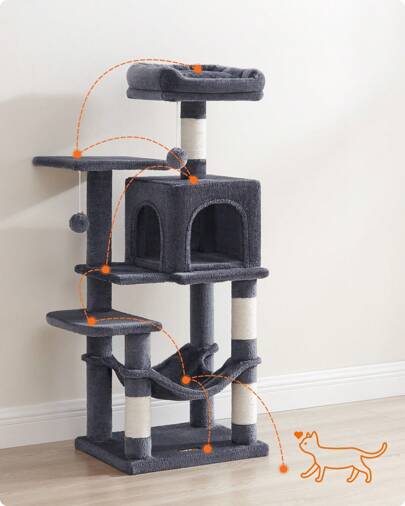 Feandrea Arbre à Chat Hauteur 112 cm, Tour de Jeux pour Chats, avec 4 Poteaux à Griffer, 2 Plateformes, 1 Niche, 1 Hamac, 2 Pompons, en Tissu Peluche, Multi-Niveaux, Gris Fumé