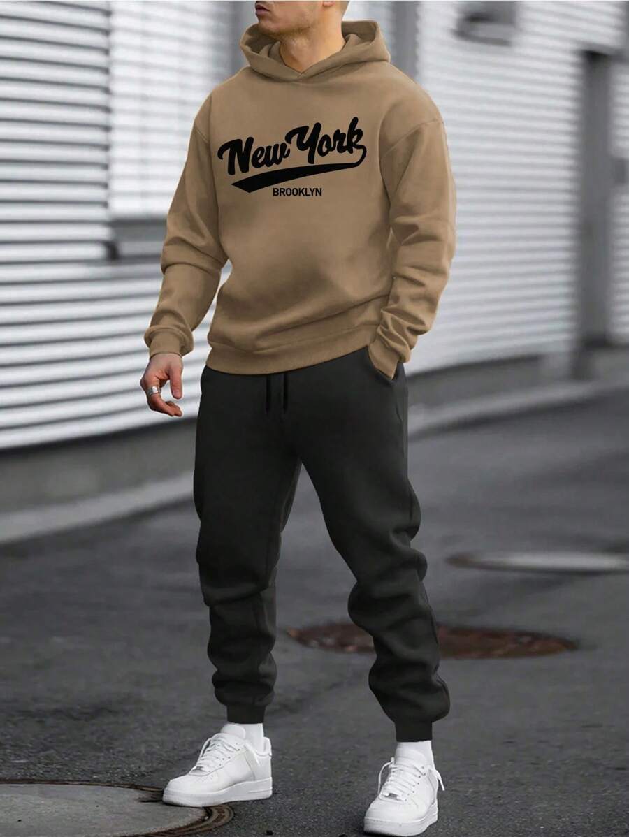 Bộ đồ nam DIFFLAND mùa xuân thường ngày, mềm mại và thoải mái, họa tiết tối giản kiểu New York, áo hoodie dài tay màu kaki kết hợp với quần thể thao ôm sát. - Màu Khaki - Xem 1