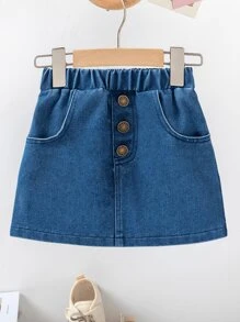 Set 3 Potong: Rompi Denim Washed untuk Anak Perempuan, Rok Denim dengan Kancing Hiasan Rantai, dan Atasan Rajut Lengan Panjang Leher Bulat Hitam untuk Musim Semi dan Gugur - Hitam - View 7