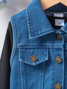 Set 3 Potong: Rompi Denim Washed untuk Anak Perempuan, Rok Denim dengan Kancing Hiasan Rantai, dan Atasan Rajut Lengan Panjang Leher Bulat Hitam untuk Musim Semi dan Gugur - Hitam - View 4
