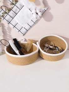 Rope Woven Storage Basket With Handle, Desktop Organizer Basket For Toys, Stationery, Cosmetics, Home Use