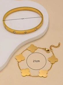 Vòng tay lắc tay bằng thép không gỉ thời trang cổ điển đính đá Zirconia, thiết kế hoa bề mặt mịn, phù hợp để đeo hàng ngày cho phụ nữ - Vàng - Xem 6