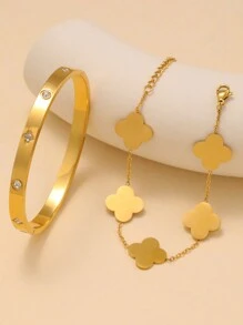 Vòng tay lắc tay bằng thép không gỉ thời trang cổ điển đính đá Zirconia, thiết kế hoa bề mặt mịn, phù hợp để đeo hàng ngày cho phụ nữ - Vàng - Xem 3