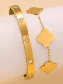 Vòng tay lắc tay bằng thép không gỉ thời trang cổ điển đính đá Zirconia, thiết kế hoa bề mặt mịn, phù hợp để đeo hàng ngày cho phụ nữ - Vàng - Xem 1