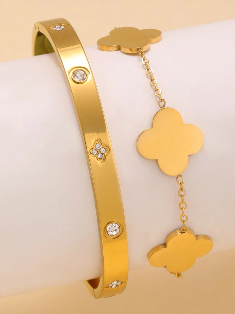 Vòng tay lắc tay bằng thép không gỉ thời trang cổ điển đính đá Zirconia, thiết kế hoa bề mặt mịn, phù hợp để đeo hàng ngày cho phụ nữ - Vàng - Xem 1