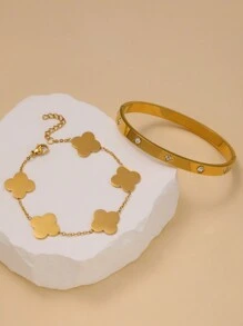 Vòng tay lắc tay bằng thép không gỉ thời trang cổ điển đính đá Zirconia, thiết kế hoa bề mặt mịn, phù hợp để đeo hàng ngày cho phụ nữ - Vàng - Xem 2