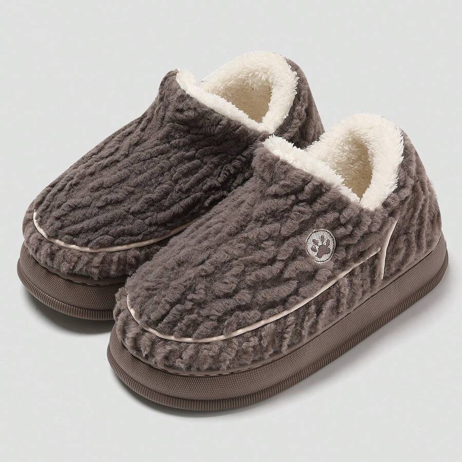 温暖毛绒厚底拖鞋，适合室内和室外使用，冬季 - 咖啡棕 - 查看 1