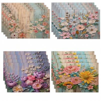 4pcs/Set Waterproof Linen Placemats, Water-Resistant Wooden Grain Floral Abstract Art Printed Placemats, Waterproof Polyester Printed Table Mats, Placemats, Home Decor, Dining Table Decoration