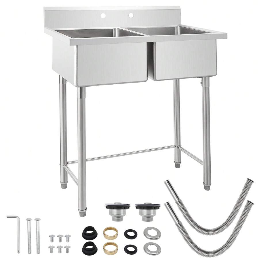 Durable Stainless Steel Freestanding Utility Sink, 41"X23"X45"  Commercial Stainless Steel Sink With 2 Compartment– Easy Maintenance, Versatile For Indoor And Outdoor Use, Home, Restaurant, Laundry, Garage, Workshop Sink, Outdoor