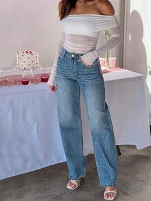 Fully Rhinestoned Mid Wash Loose High Waist Straight Leg Jeans For Women - Blue - View 3