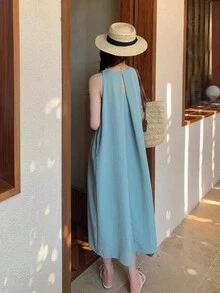 Y6Y 女士休闲无袖圆领A字连衣裙，梭织面料，喇叭下摆，时尚夏季连衣裙，优雅 - 綠色 - 查看 2