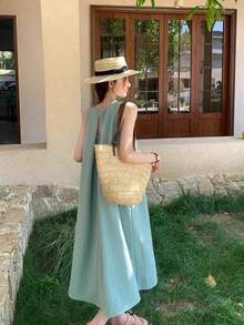 Y6Y 女士休闲无袖圆领A字连衣裙，梭织面料，喇叭下摆，时尚夏季连衣裙，优雅 - 綠色 - 查看 6