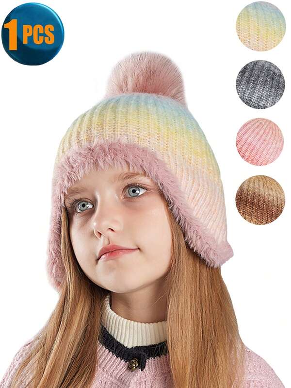 1pc 3-12Y Toddler Kids Boys Girls Wool Lined Knitted Winter Hat With Ear Flaps, Girls Sherpa Ear Flap Hat, Children Winter Beanie, Knitted Ski Pompom Cap Suitable For Boys & Girls