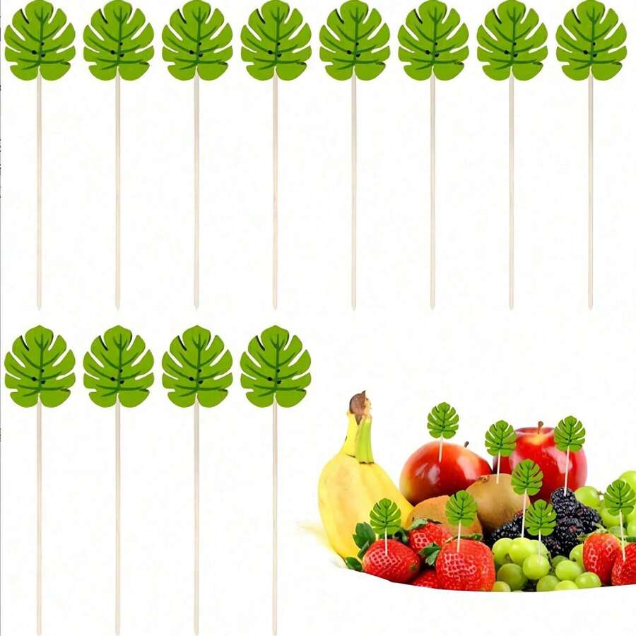 15pcs Tropical Turtle Shell Bamboo Leaf Picks, Fruit Skewers, Fancy Green Leaf Toothpicks, 4.7 Inch Bamboo Food Picks For Hawaiian Party - Green - View 1
