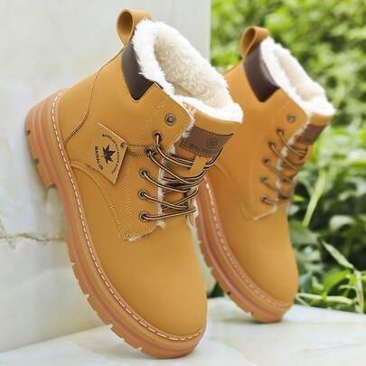 1 双系带保暖内衬高帮工作靴，带字母图案，温暖户外舒适情侣靴