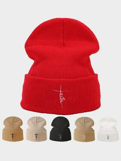 1pc Outdoor Embroidered "Faith" Knitted Adjustable Sunshade Cap, Casual For Spring Autumn Travel Beach, Suitable For Men And Women, Y2K Style