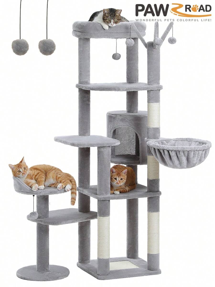 PAWZ Road 150cm Cactus Scratching Post, High Scratching Post For Large Cats, Multi-Storey Cat Tower, Scratching Post For Indoor Cats, Cat Apartment With Large Hammock, Scratching Post And 2 Perches - 灰色 - 查看 1