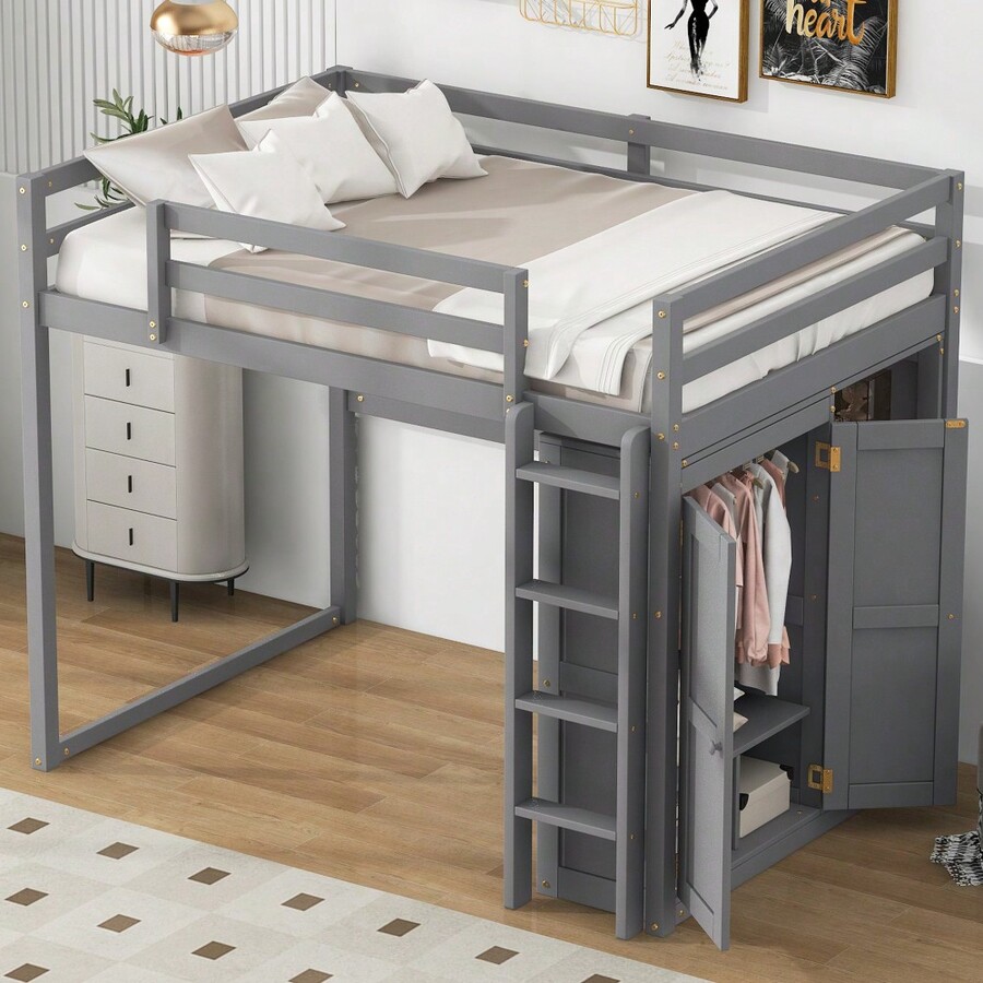 Wood Full Size Loft Bed With BuiltIn Wardrobe And Storage Shelves, Led