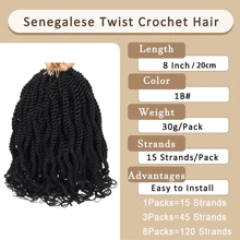 1/3/8 包 15/45/120 股塞内加尔扭结钩针编织发卷曲扭结钩针编织发带卷发尾绳扭结钩针编织发，1B - 黑色 - 查看 2