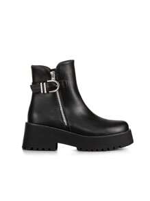 Weide Botines Negros para Mujer -Botas de Mujer Negras de Dedo Redondo con Tacón Alto Grueso - Elegantes Botas Chelsea con Hebilla Metálica y Forro de Esponja para Ocio y Actividades al Aire Libre