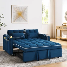 Pull Out Sofa Bed With Phone Holder, Convertible Velvet Loveseat Sleeper With 2 USB Charging Ports, Modern Futon Couch With Cup Holders And Adjustable Backrest, Small Love Seat For Living Room - 藍色 - 查看 2