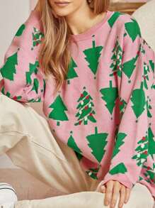 Women Comfy Sweaters Casual Warm Christmas Tree Print Long Sleeve Pullover Basic Knitwear For Fall Streetwear
